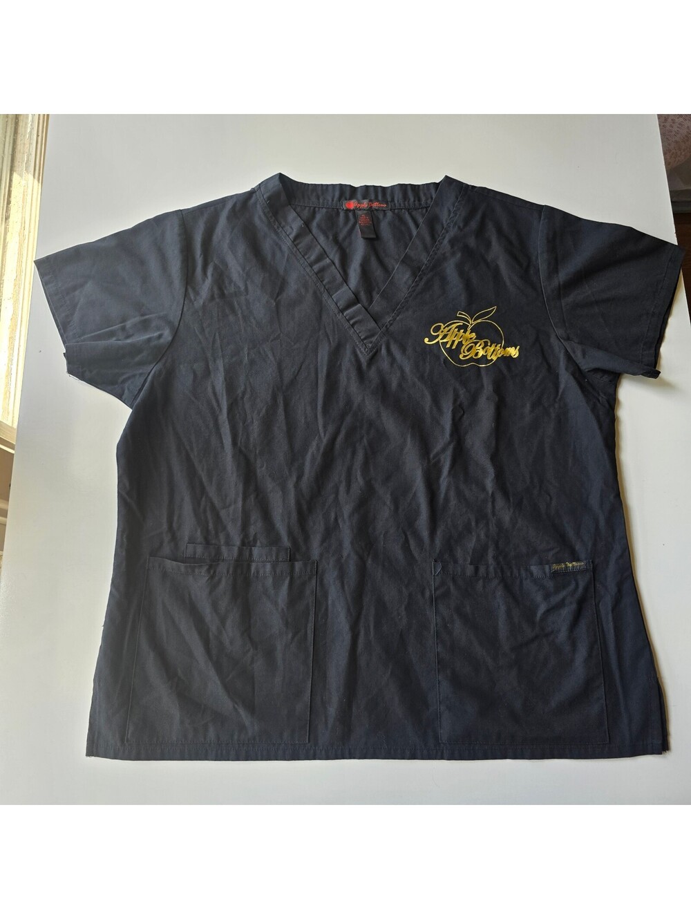 Apple Bottoms Scrub Top Mens Womens XL Black Gold Logo V-Neck Uniform Pocket